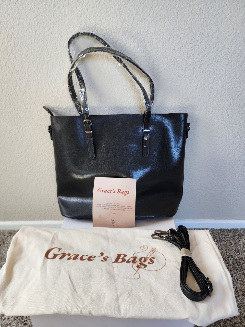 Grace's Bags Black Tote Crossbody Bag with Dust Bag